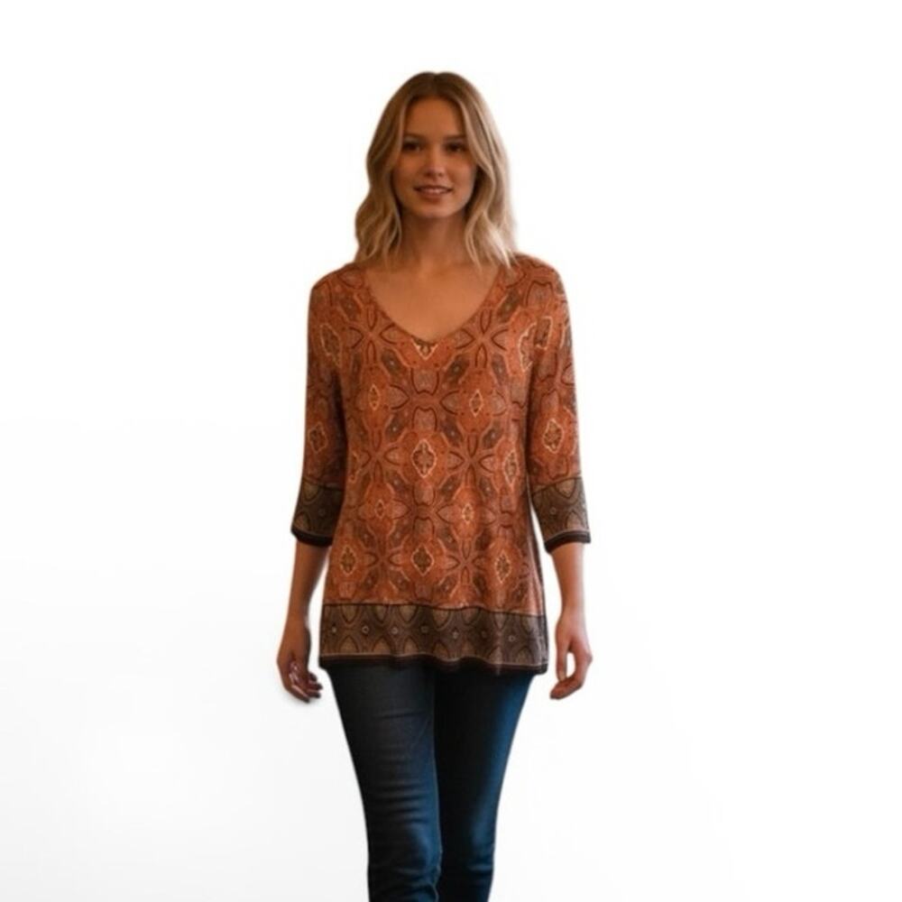 Rose & Olive 
Top 2X Pink/Cream Artsy Printed Scoop Neck Office Going out